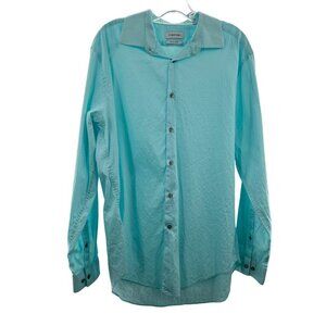 Calvin Klein Men's Button Down Long Sleeve Shirt Turquoise 17 34/35 XL Textured